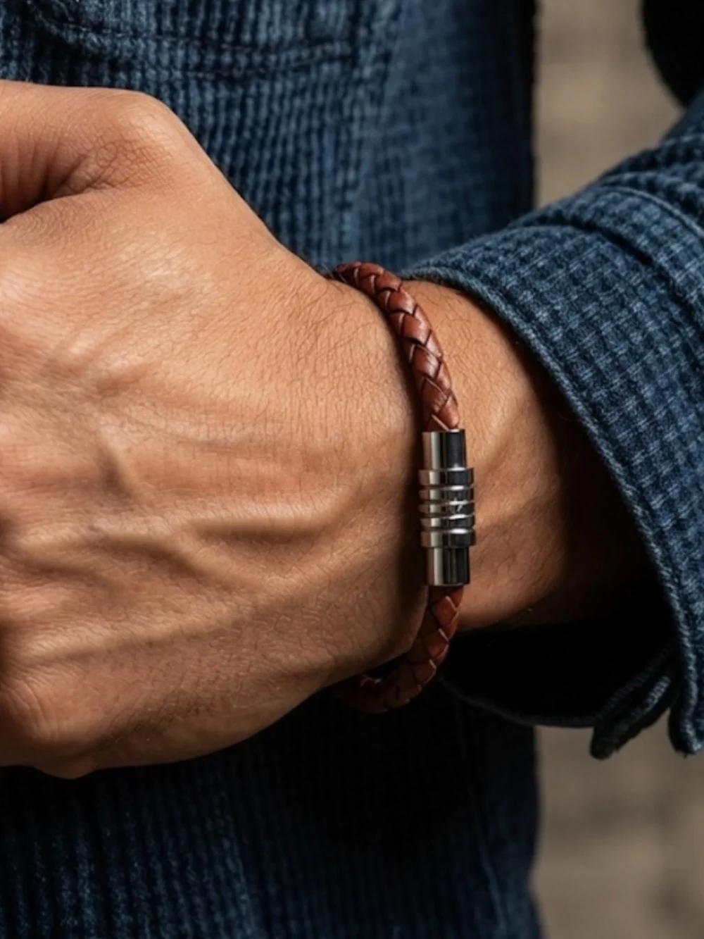 NEW Mens Bracelet Leather Braided 6mm Steel Magnetic Closure 8.5